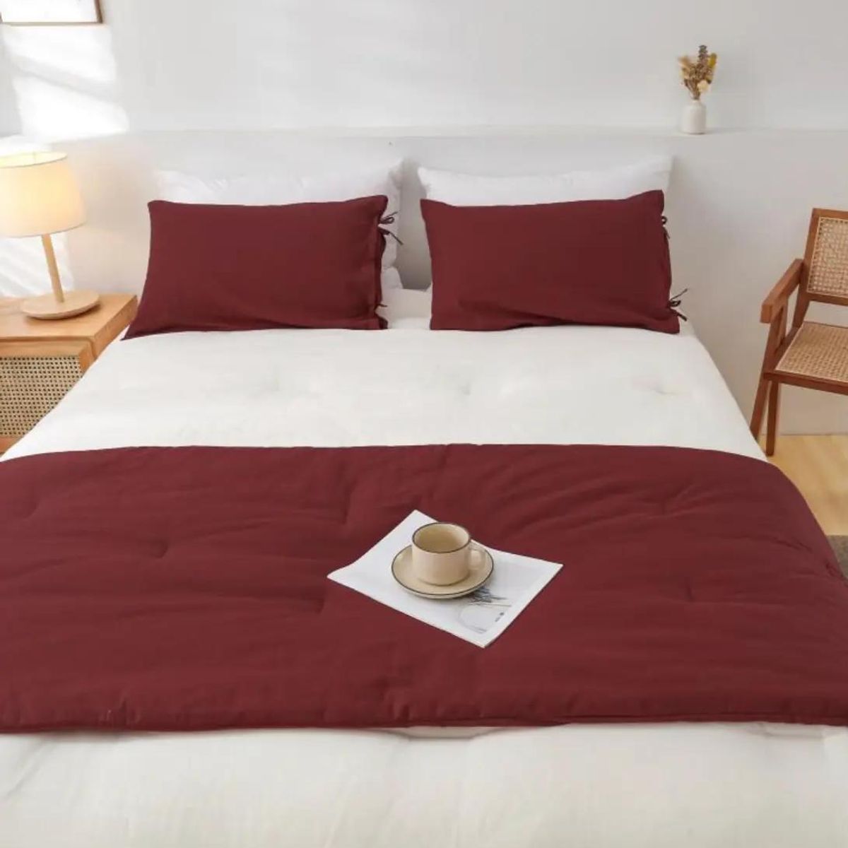 GENERICO - Set de Piecera Burdeos con 2 Fundas de Almohada