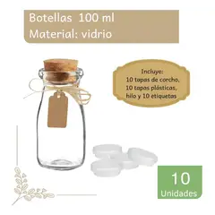 GENERICO - Caja 10 botellas vidrio 100ml con tapa plástica y corcho