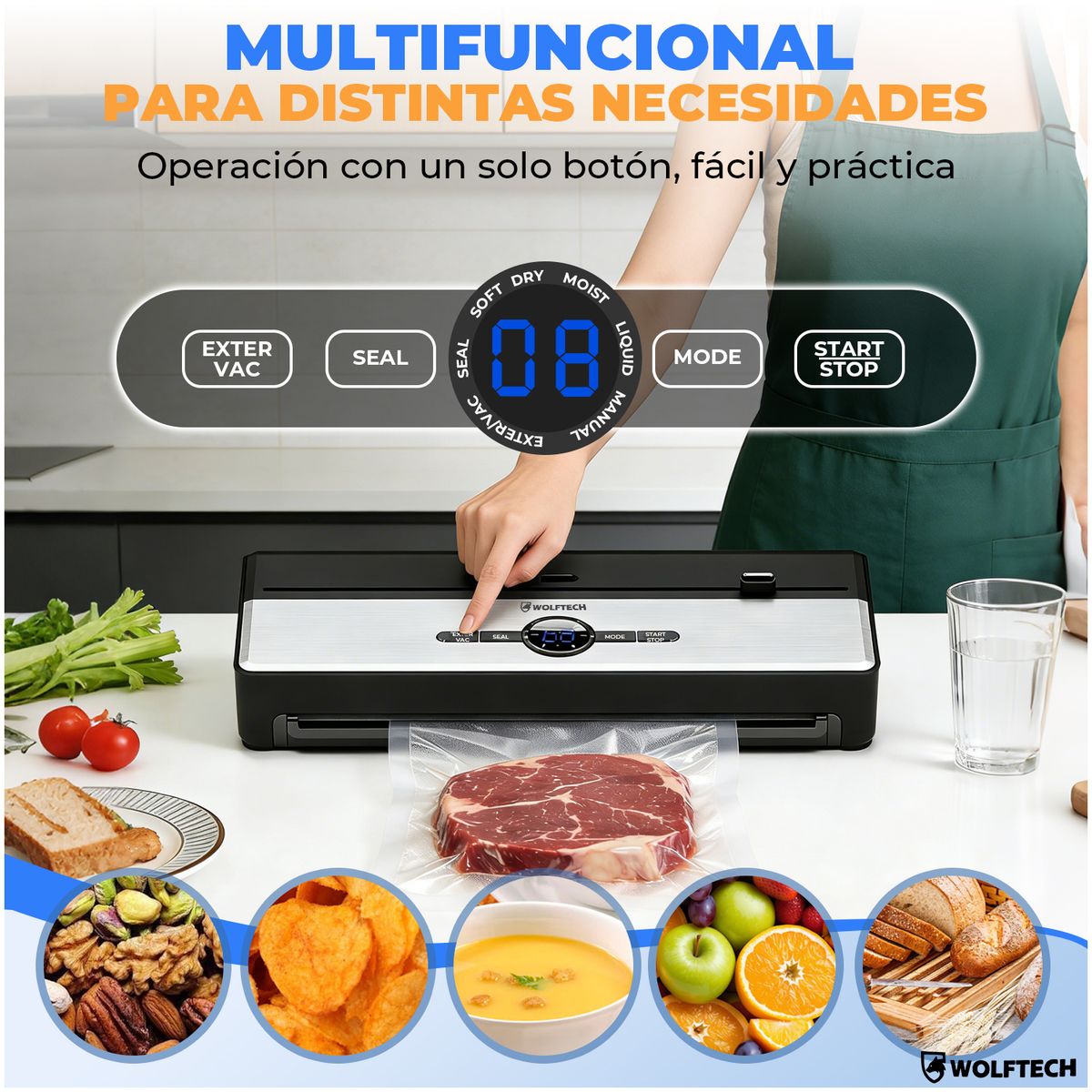 WOLFTECH - Set Maquina Selladora Al Vacío Alimentos 7 En 1 Profesional