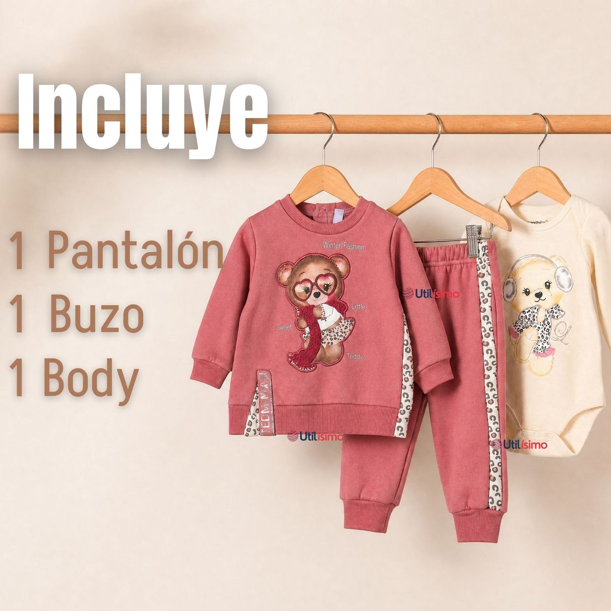 TEDMIMAK - Conjunto 3 Piezas Buzo Pantalón Polerón Body Algodón Tedmimak Bebé Niña