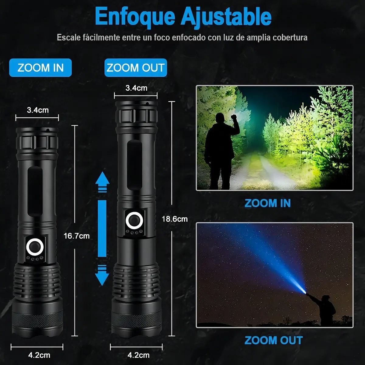 GENERICO - Linterna Led Zoom Tactica Recargable Potentes Impermeable Blanco Negro Labg