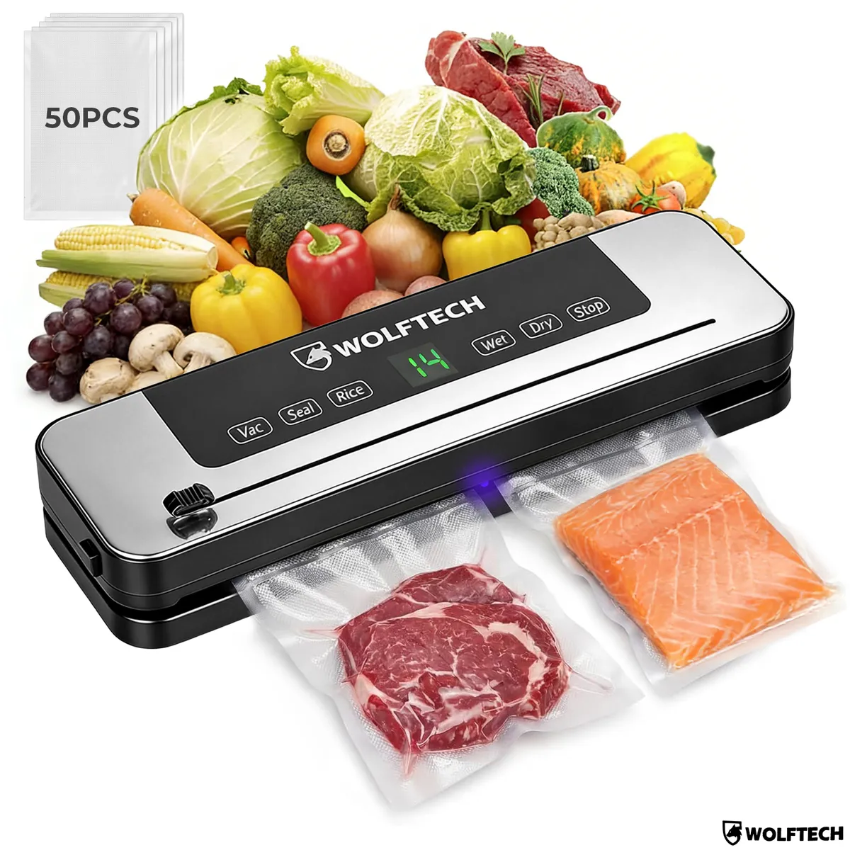 WOLFTECH - Maquina Selladora Al Vacío Alimentos Con 50 Bolsas Wolftech