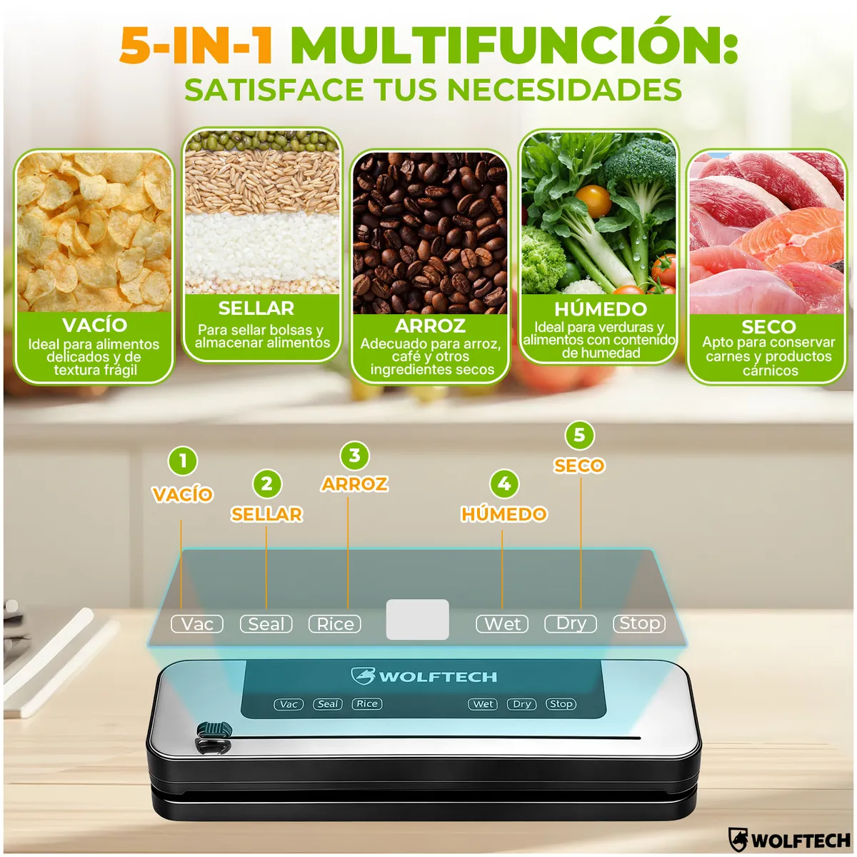 WOLFTECH - Maquina Selladora Al Vacío Alimentos Con 50 Bolsas Wolftech