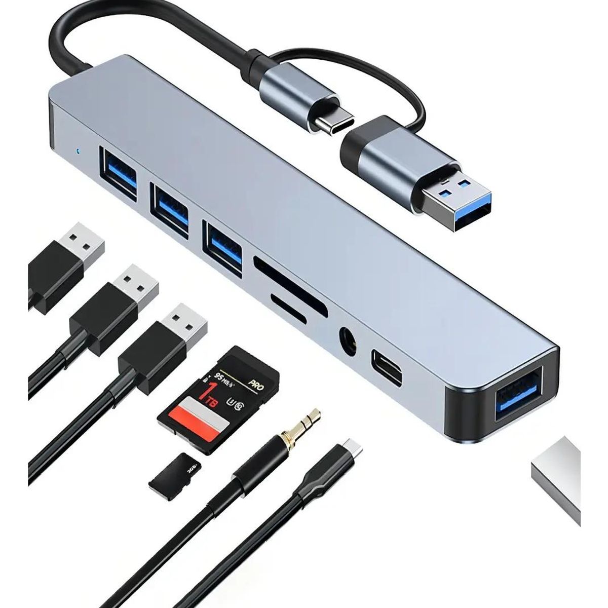 GENERICO - Hub 8 en 2 con puertos USB C, USB 2.0, USB 3.0, SD, TF y