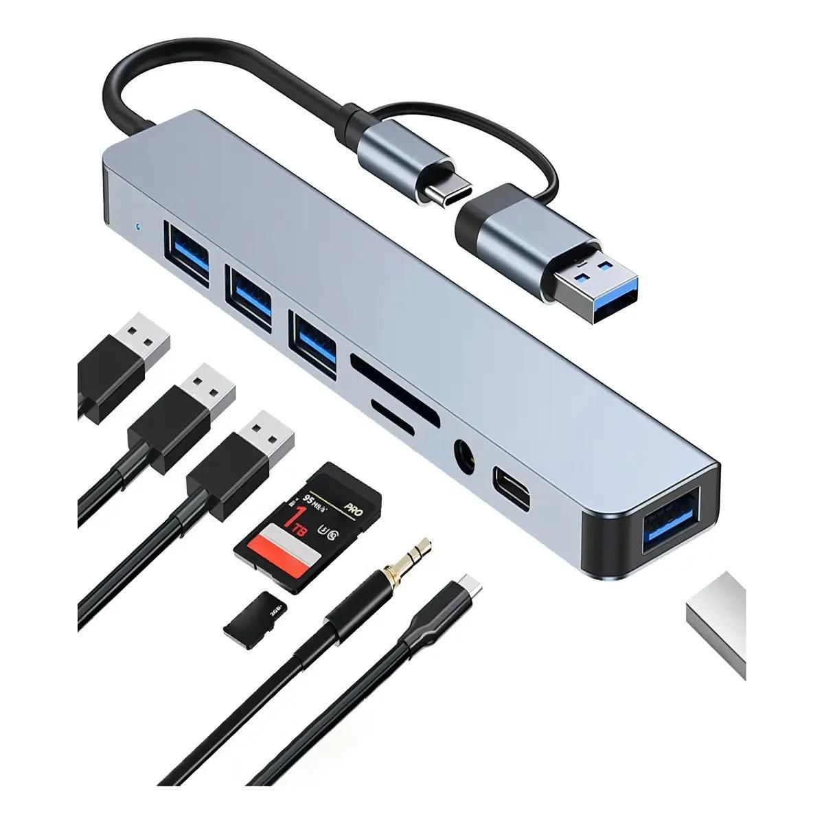 GENERICO - Hub 8 en 2 con puertos USB C, USB 2.0, USB 3.0, SD, TF y