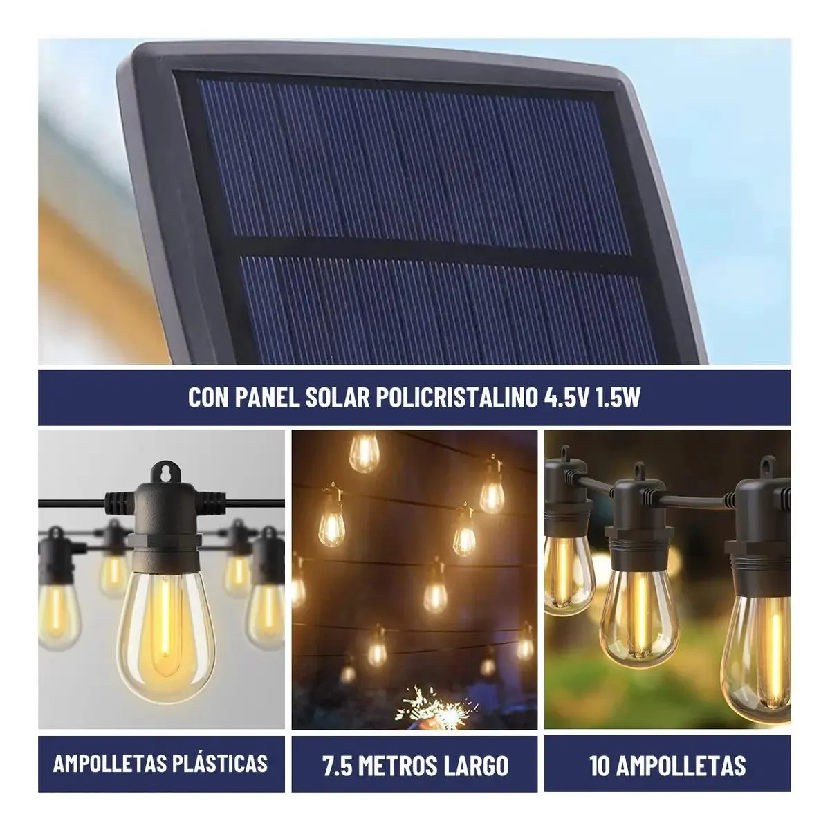 GENERICO - Guirnalda de Luces Solar para Exterior 7,5m con 10 Ampol-