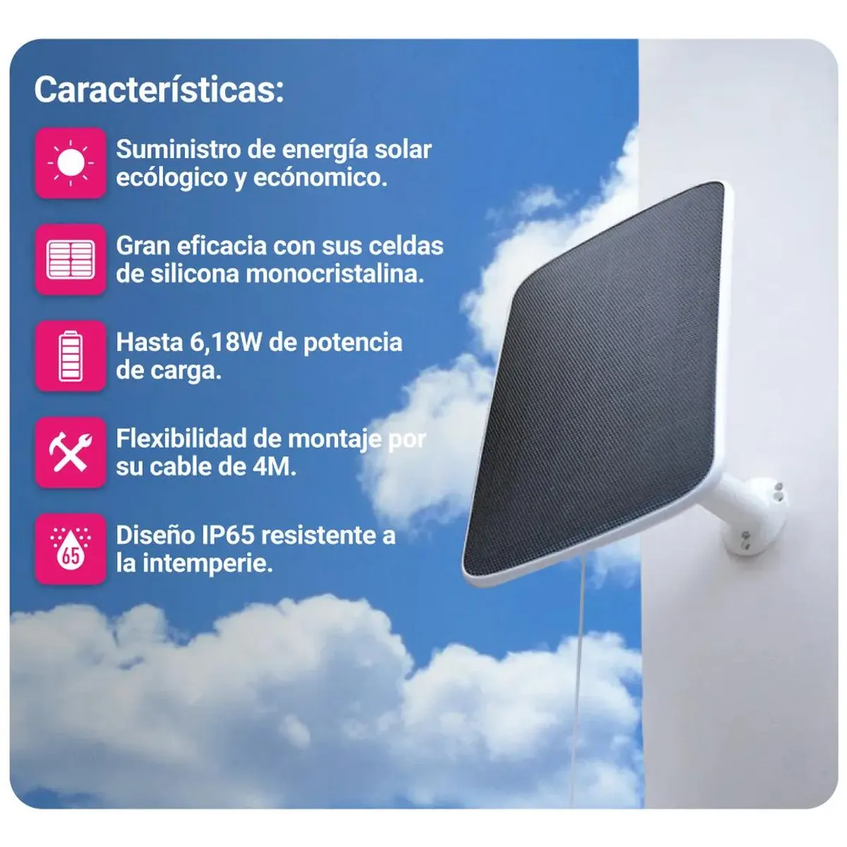 GENERICO - Panel Solar 5V 6.18W IP65 para Cámaras con Batería