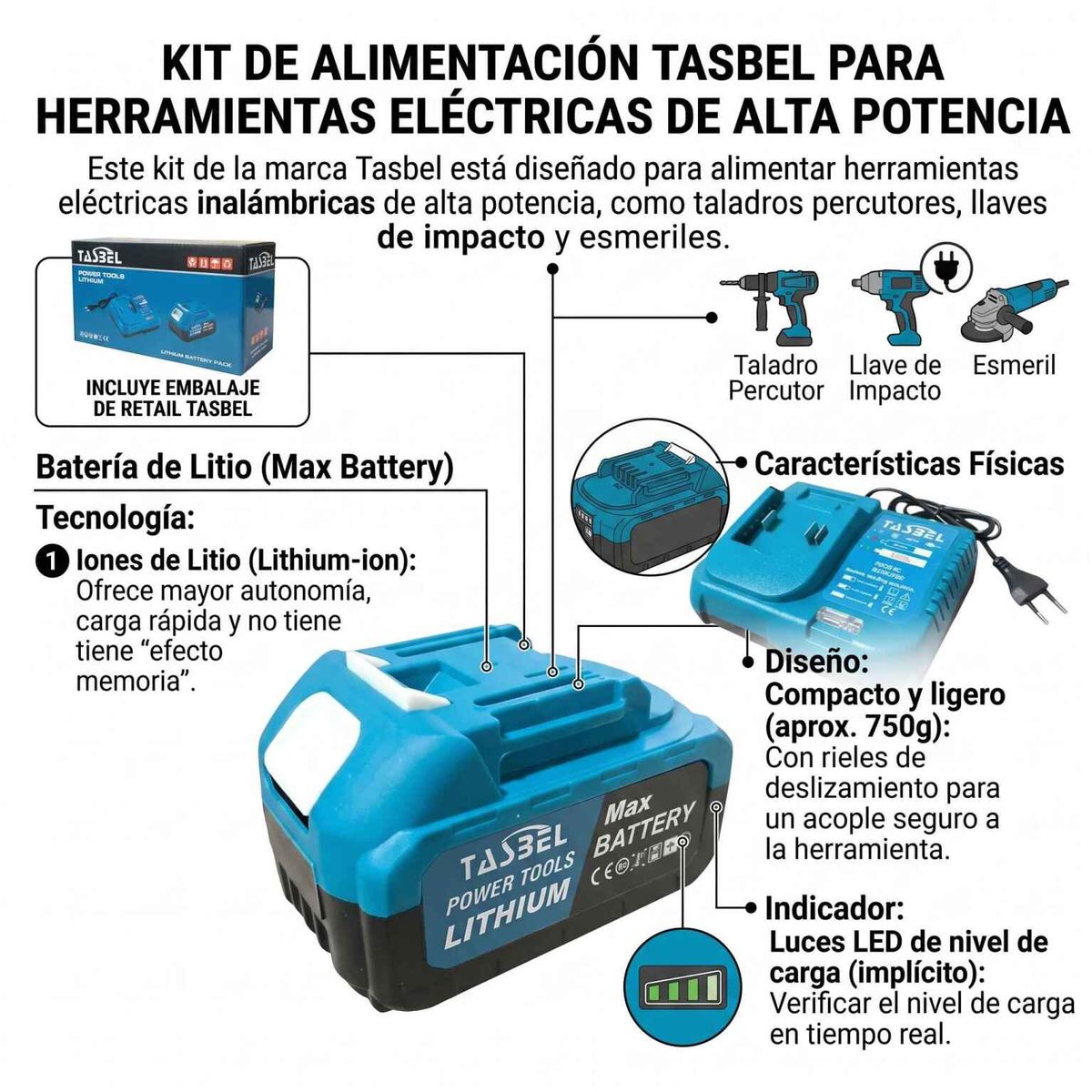 GENERICO - Cargador Y Bateria Para Herramientas Tasbel llave de impacto Esmeril talado sopladora minimotosierra