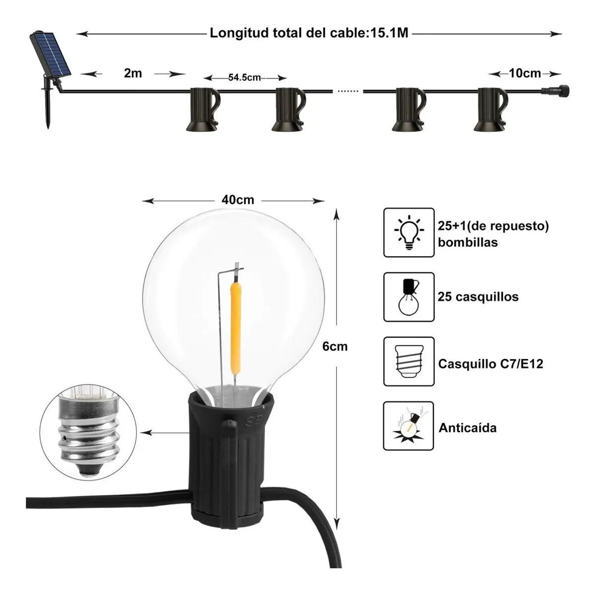 GENERICO - Guirnalda Solar LED Exterior 15m con 25 Luces