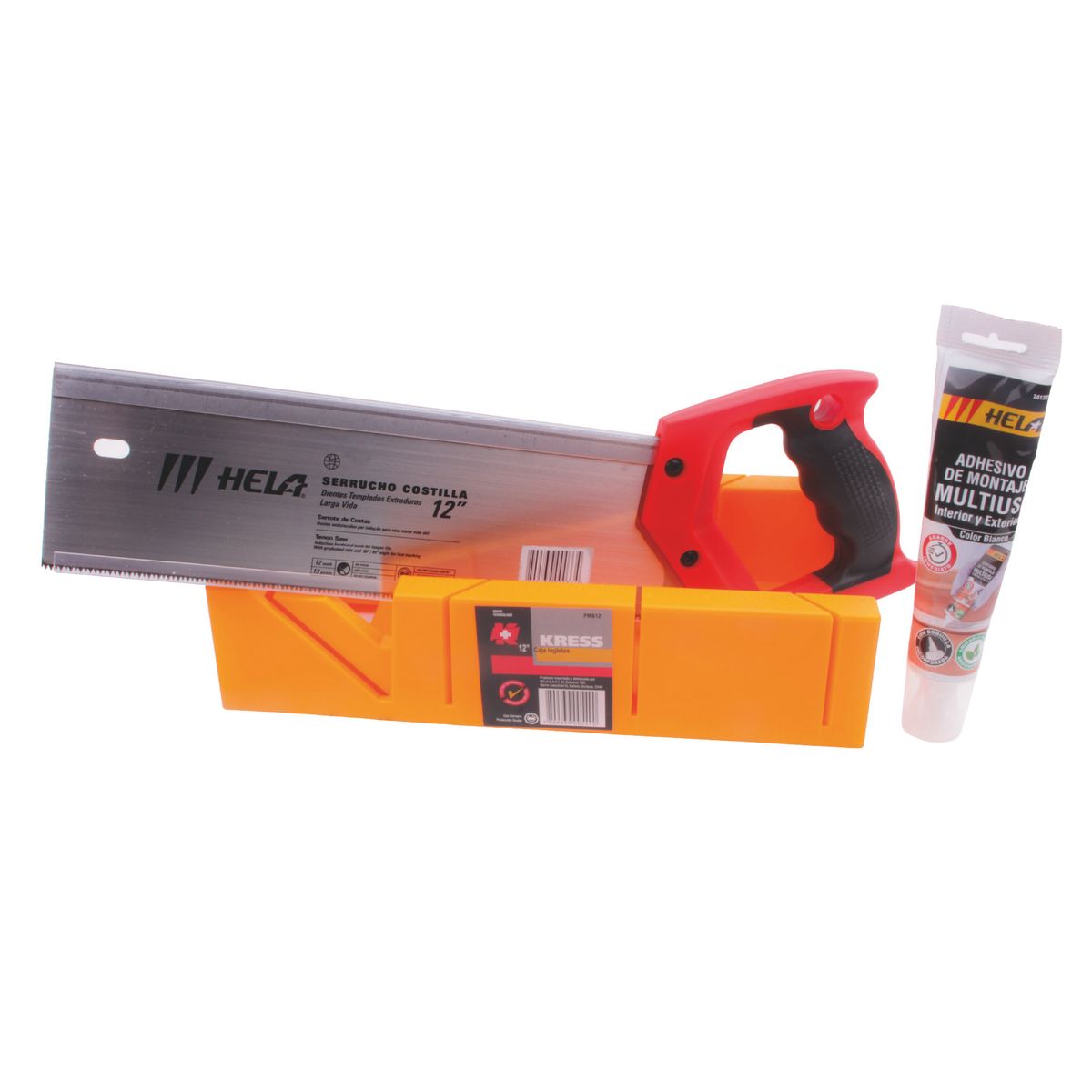 Kit de Carpintería y Molduras  Serrucho Hela + Caja Ingletes Kress + Adhesivo, marca HELA - Foto Principal