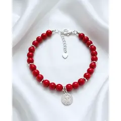 GENERICO - Pulsera de Protección Coral Rojo Natural y Dije San Benito en Plata