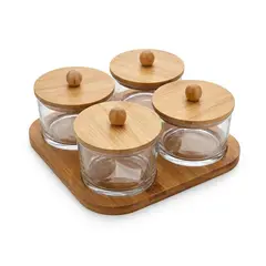 GENERICO - Set De 4 Frascos De Vidrio Con Tapa De Bambú Y Base