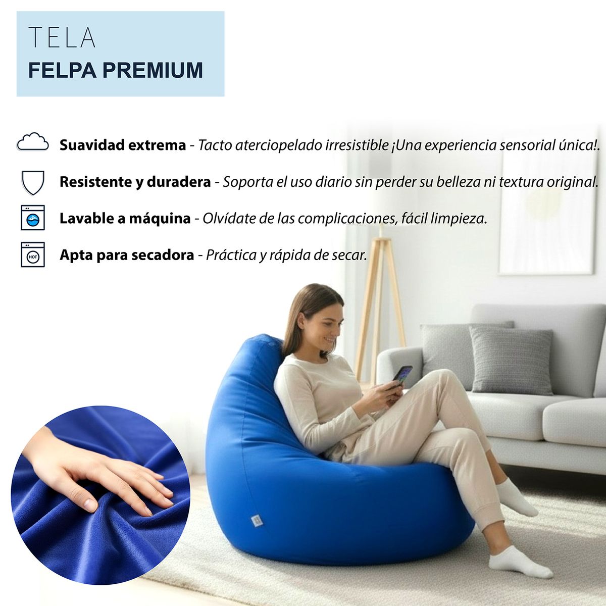 AMOLDA - Puff Pera marca AMOLDA, tela FELPA TURQUESA, relleno perlitas de plumavit.