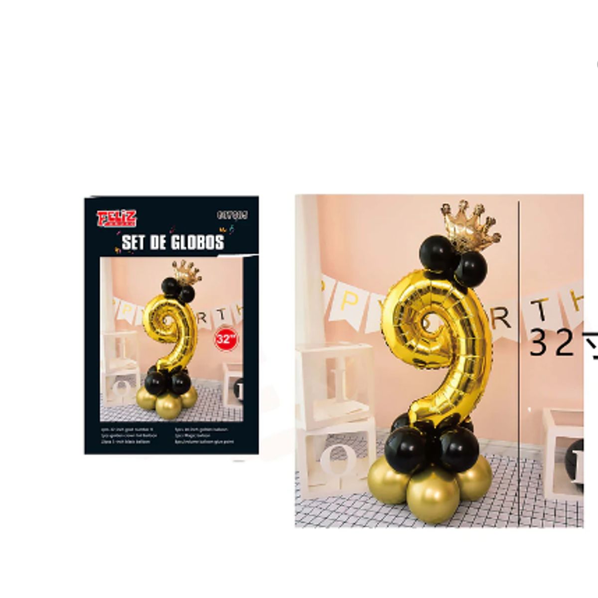 GENERICO - Globo Número 9 Dorado con Negro
