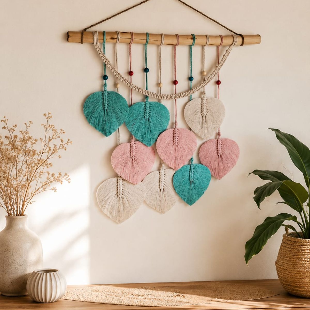 GENERICO - Mural Decorativo Hojas de Macramé Boho Pastel 70x80 cm