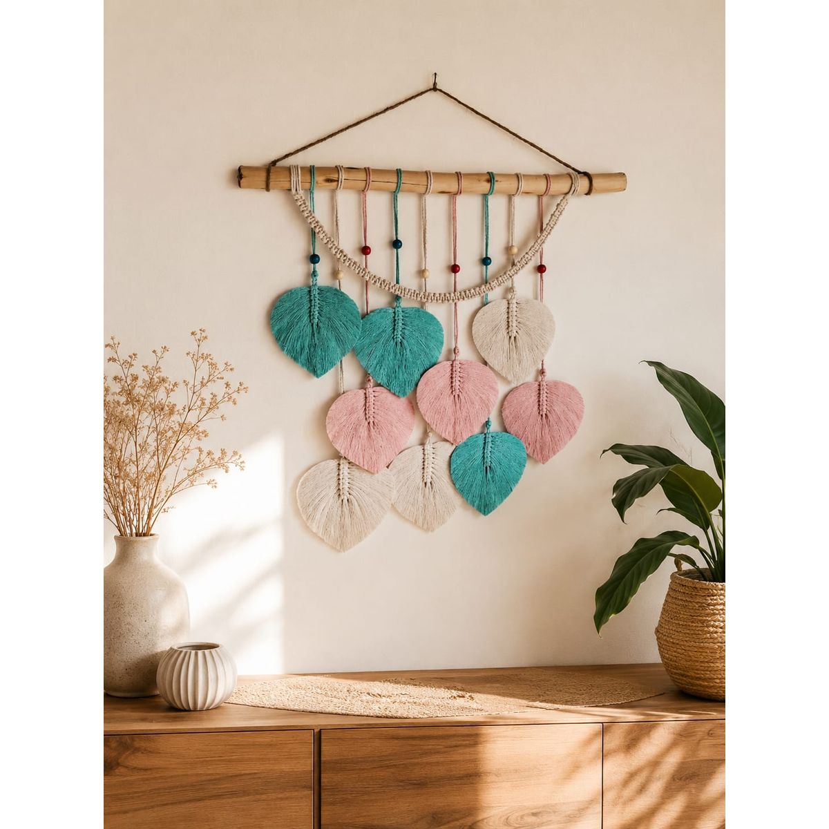 GENERICO - Mural Decorativo Hojas de Macramé Boho Pastel 70x80 cm