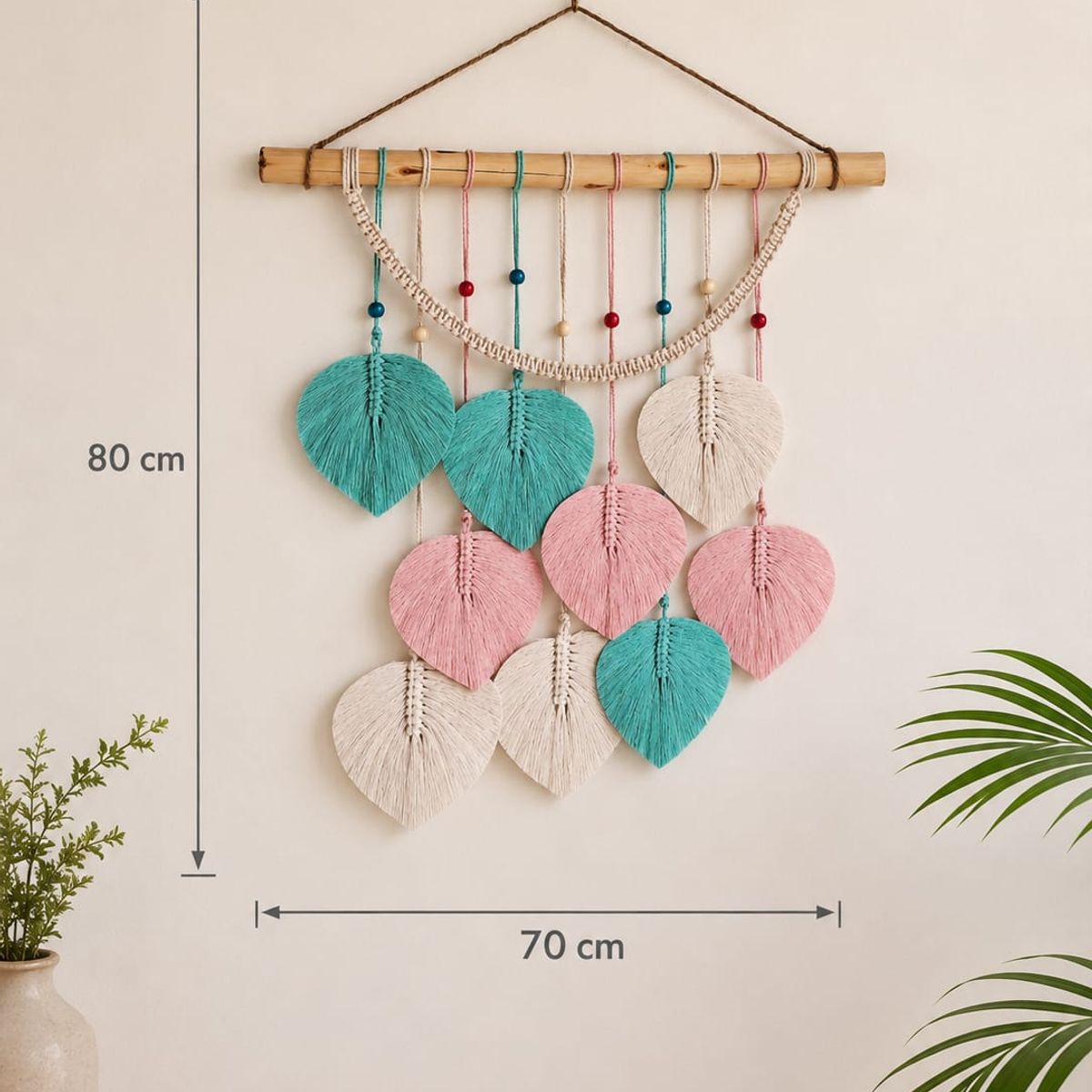 GENERICO - Mural Decorativo Hojas de Macramé Boho Pastel 70x80 cm