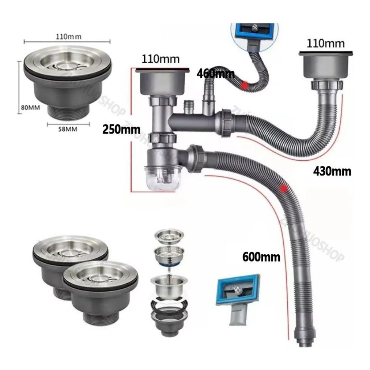 GENERICO - Desagüe Fregadero Para Cocina Baño Tubo Doble Flexible Acero