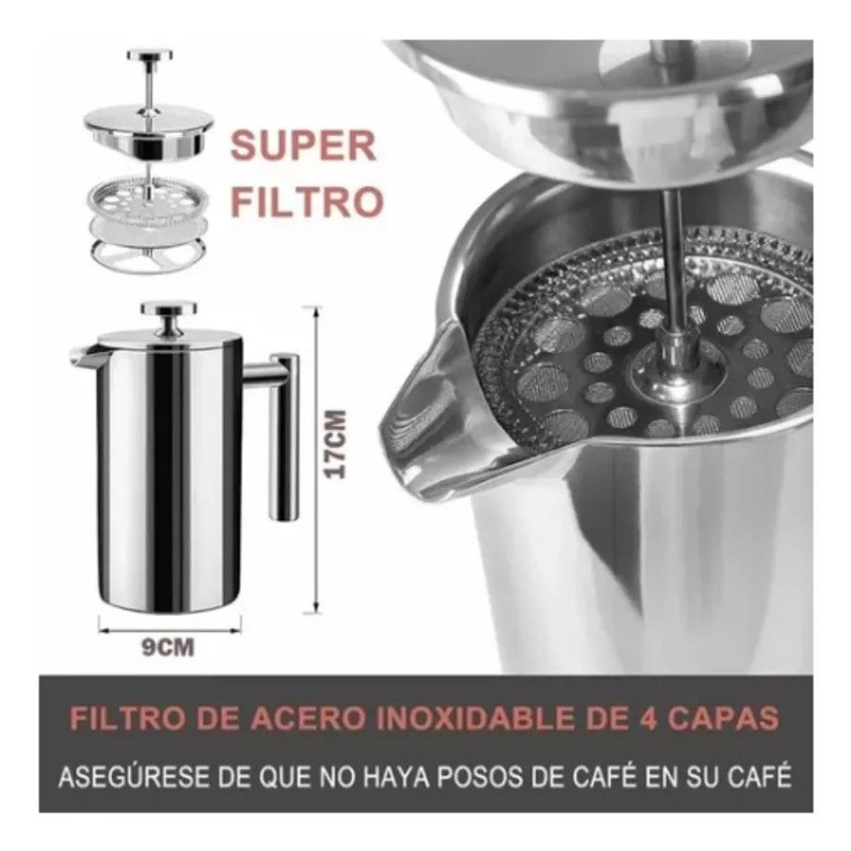 GENERICO - Cafetera De Prensa Francesa De Acero Inoxidable, 800 Ml