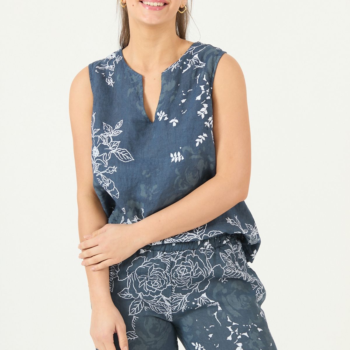 PRIVILEGE - Blusa De Lino Estampada Azul Marino Cod 4518055