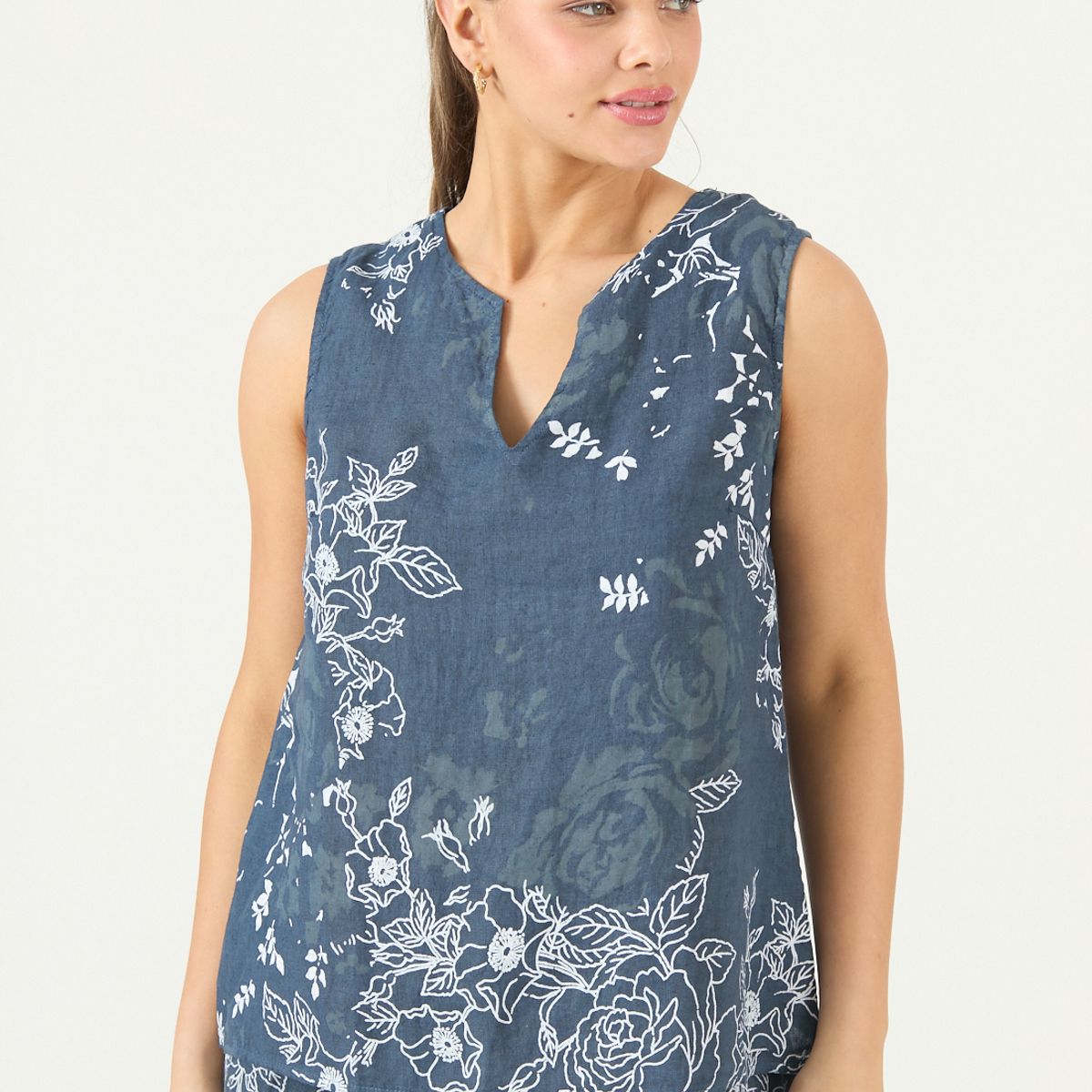 PRIVILEGE - Blusa De Lino Estampada Azul Marino Cod 4518055