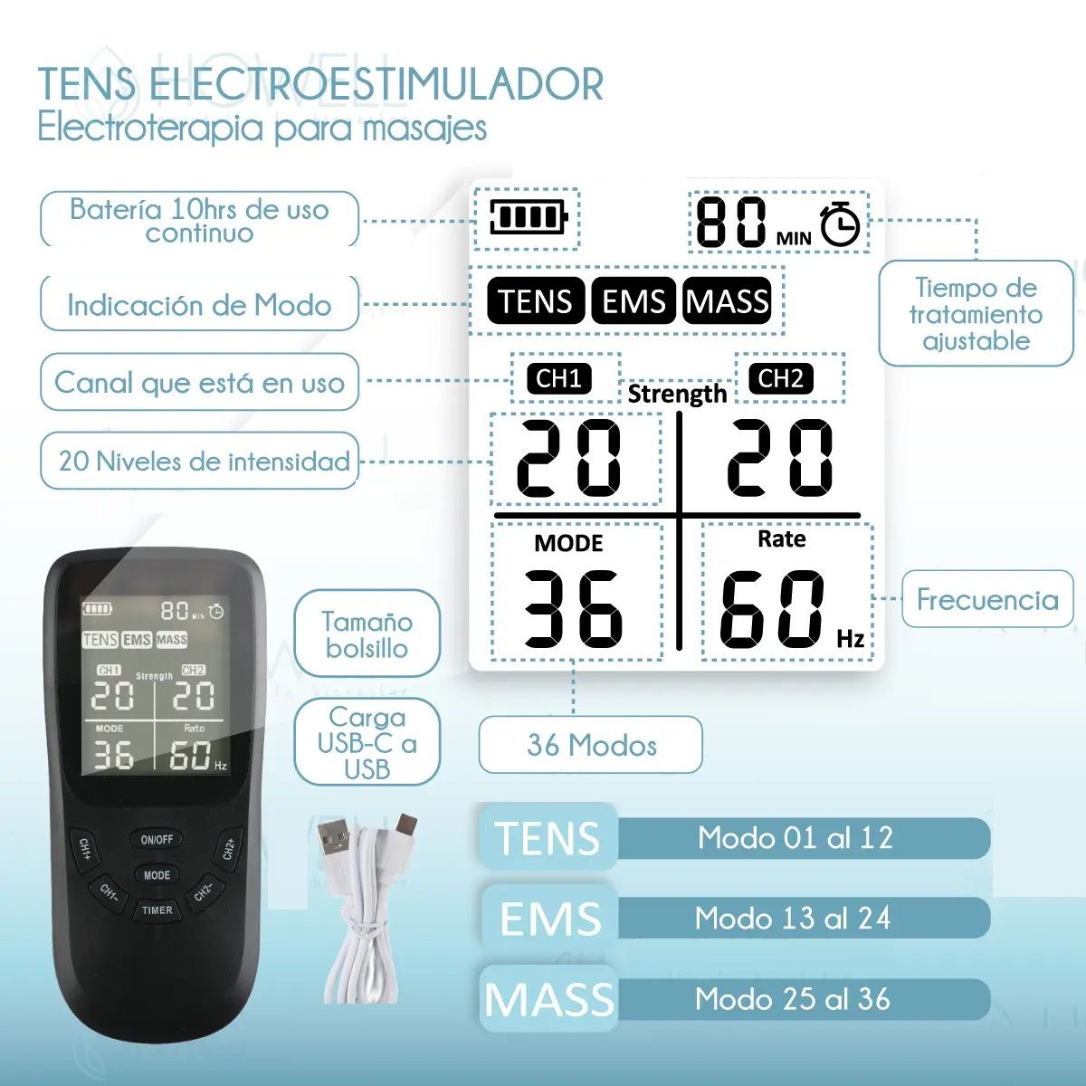 GENERICO - Tens Ems Muscular 36 Modos Electroestimulador Dual Labg