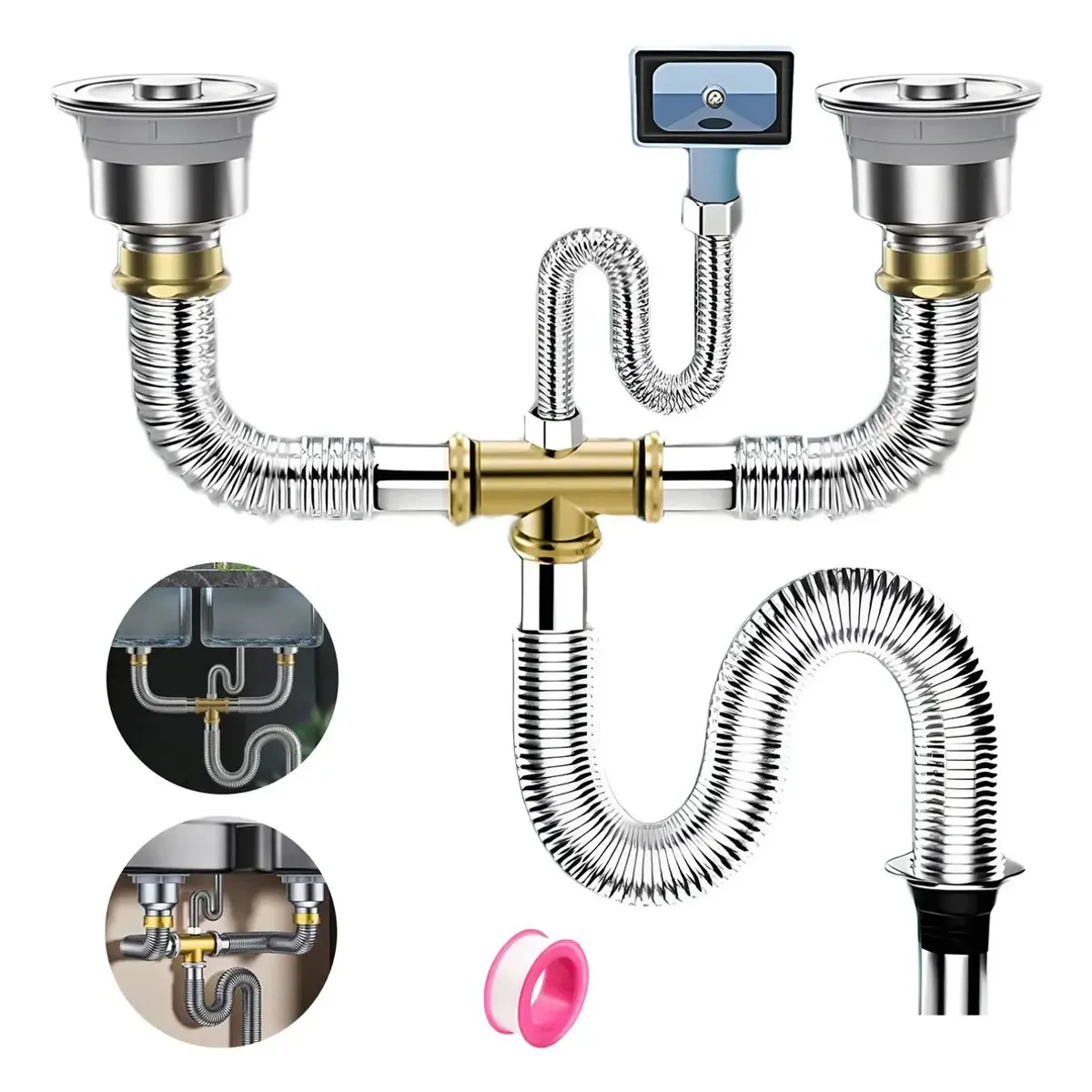 KUANGYE - Kit Desagüe Para Fregadero Doble Con Sifón Y Céspol Flexible