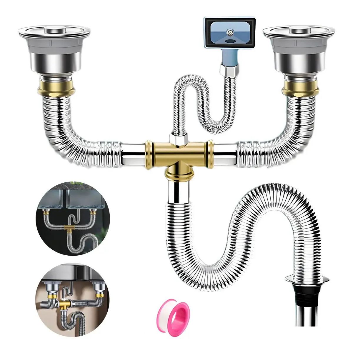 KUANGYE - Kit Desagüe Para Fregadero Doble Con Sifón Y Céspol Flexible
