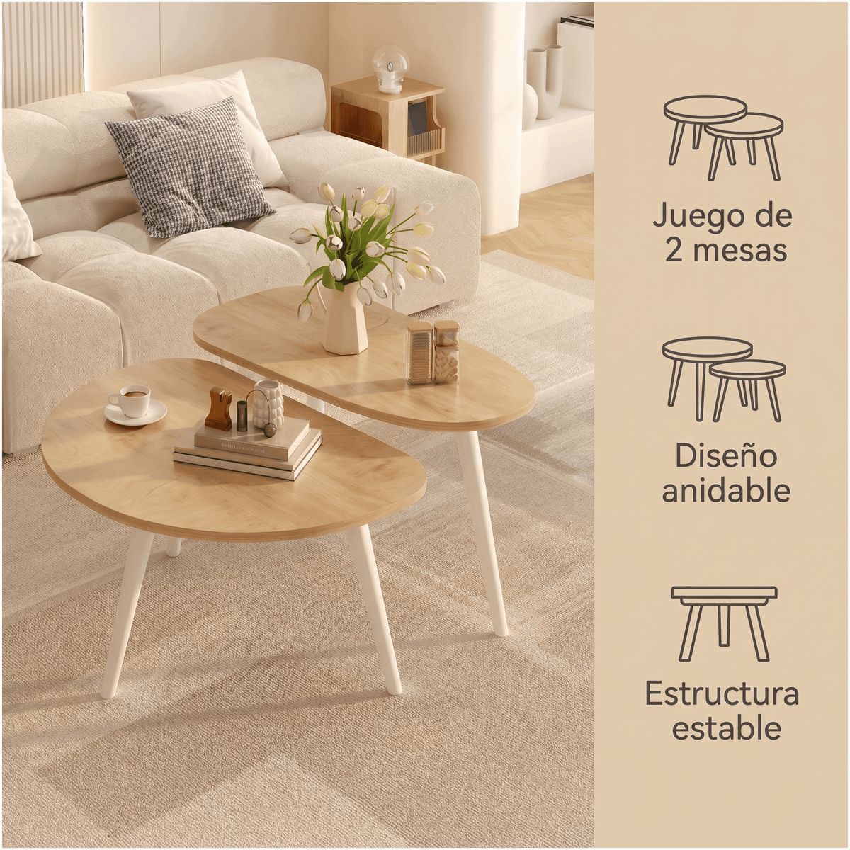 HOMER DESIGN - Juego Mesa De Centro Living Adriana Minimalista Convertible