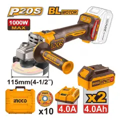INGCO - Esmeril Angular Inalambrico + 2 Bat. 4 Ah + Cargador + Maleta -