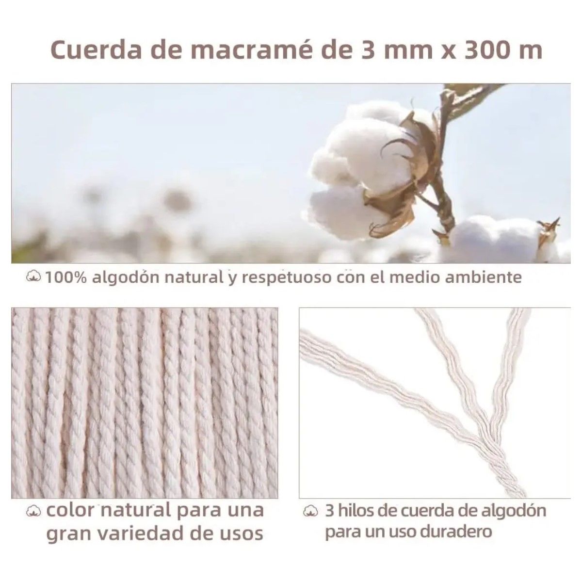 GENERICO - Cordón Macramé Peinado 3mm 500 Metros 100% Algodón Crudo BELUG