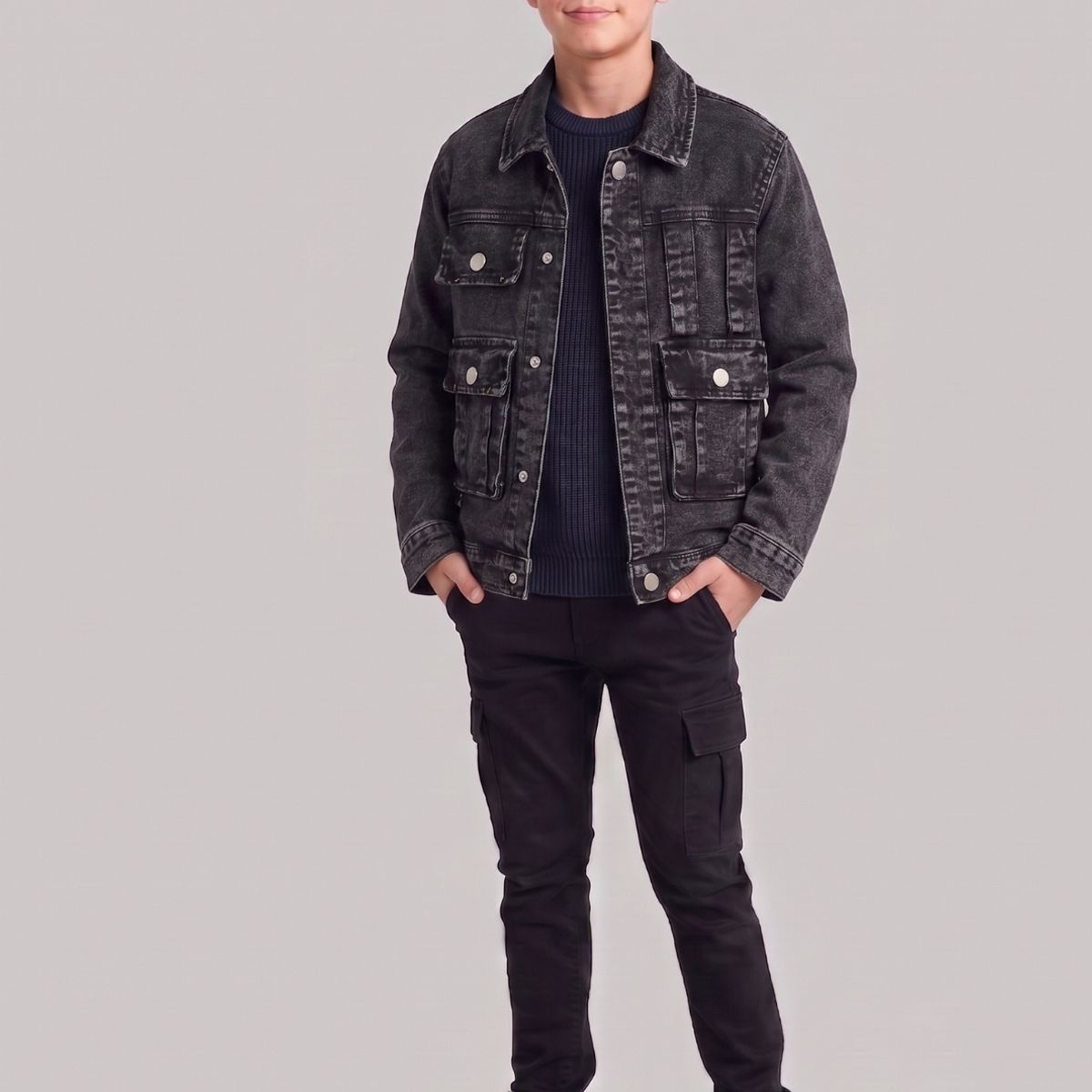 KIBOU - Chaqueta Mezclilla Negra Niño Denim Prelavado Cargo