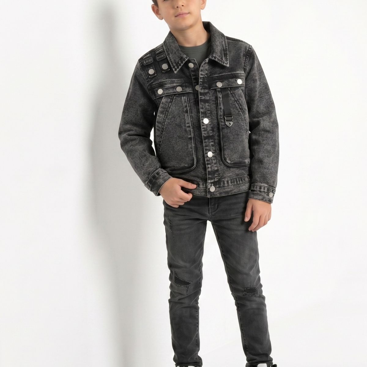KIBOU - Chaqueta Mezclilla Negra Niño Denim Prelavado Cargo