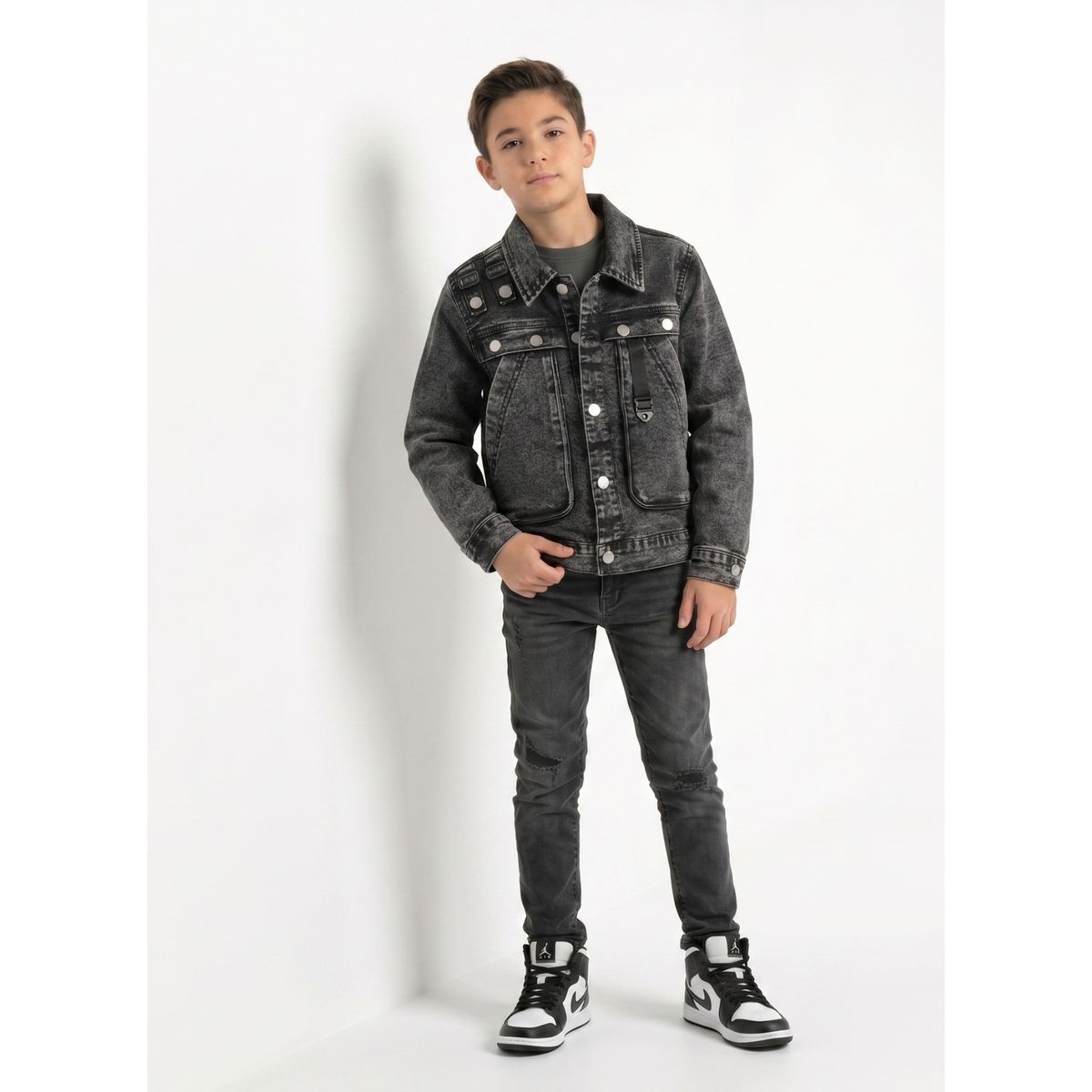 KIBOU - Chaqueta Mezclilla Negra Niño Denim Prelavado Cargo