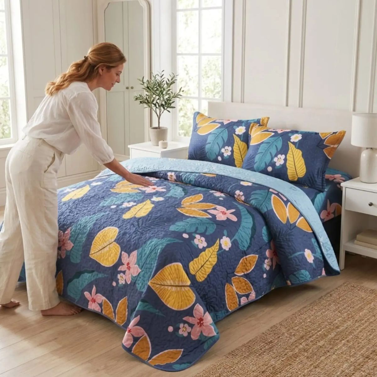 GENERICO - Juego De Cubrecama Quilt 2 Plazas Con Sábanas De Verano 5 Pzs