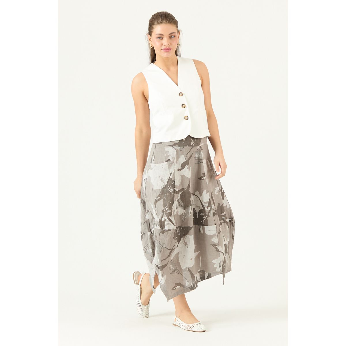 PRIVILEGE - Falda De Lino Estampada Vison Cod 5008785