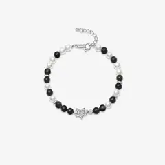 HEFANG - Pulsera De Obsidiana Perlas Circonitas Plata 925 Mujer Joyería