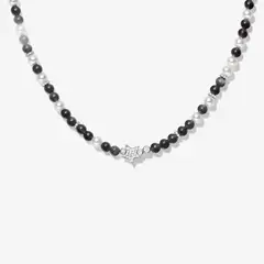 HEFANG - Collar De Obsidiana Perlas Circonitas Plata 925 Mujer Joyería