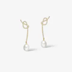 GENERICO - Aretes Hefang Brezel Perlas Circonitas Plata 925 Dorada Mujer Joyería
