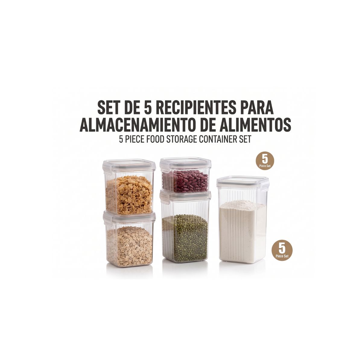 GENERICO - Set de 5 Contenedores Herméticos Organizadores de Cocina Alimentos