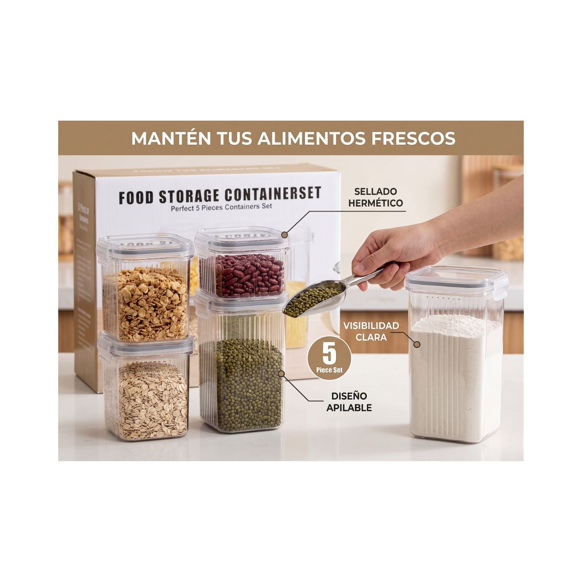 GENERICO - Set de 5 Contenedores Herméticos Organizadores de Cocina Alimentos