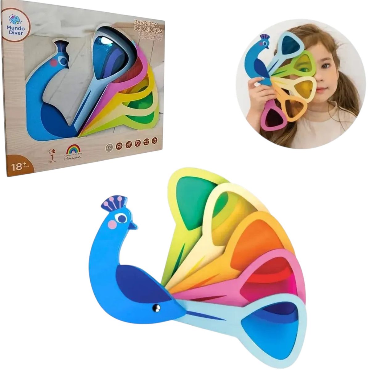 GENERICO - JUGUETE DE MADERA PAVO REAL MONTESSORI DIDACTICO COLORES