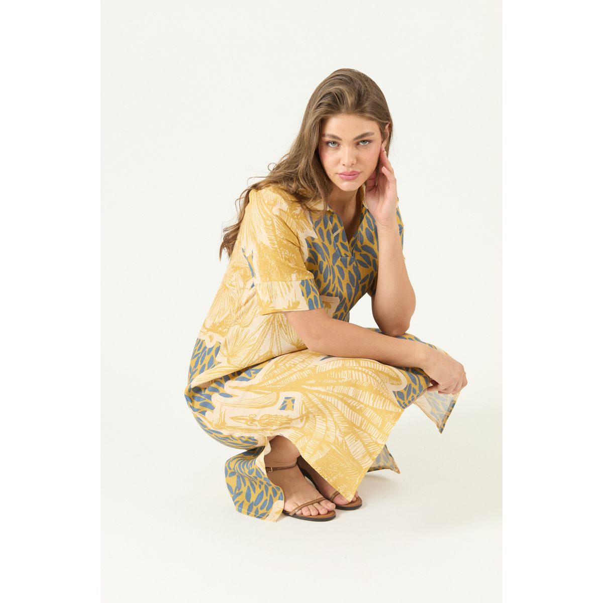 PRIVILEGE - Vestido De Lino Estampado Mostaza Cod 4005495