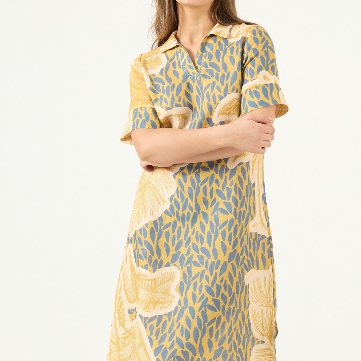 PRIVILEGE - Vestido De Lino Estampado Mostaza Cod 4005495