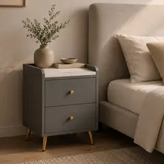 GENERICO - Velador Mesa De Noche Diseño Moderno Minimalista 30x40x46cm Color Gris Con 2 Cajones Y Patas Doradas