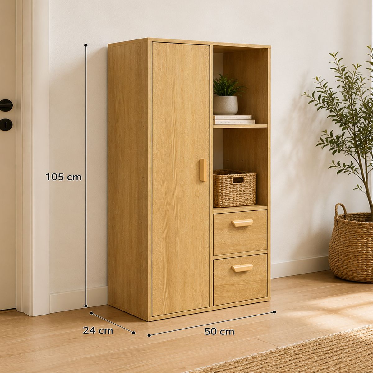 GENERICO - Mueble Organizador Con Puerta y 2 Cajones Estilo Nórdico 50x24x105cm Madera Diseño Funcional Almacenamiento