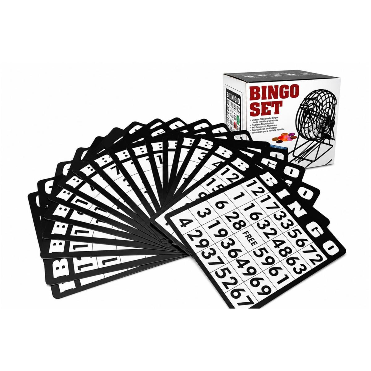 GENERICO - Bingo Profesional Completo con Tómbola Metálica, Cartones y Fichas