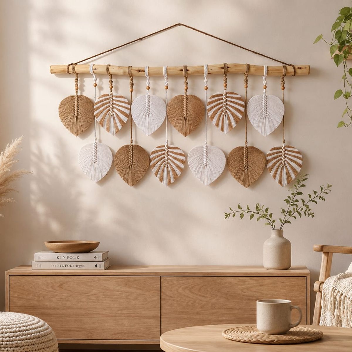 VERDEMAR - Mural Decorativo Hojas Boho Macramé XL 120x80 cm