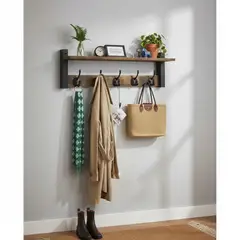 GENERICO - Perchero de Pared Multifuncional con Repisa de Madera y 5 Ganchos