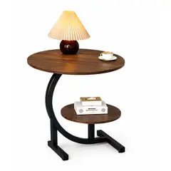 GENERICO - Mesa Lateral Moderna Tipo C Con Doble Repisa Estilo Industrial